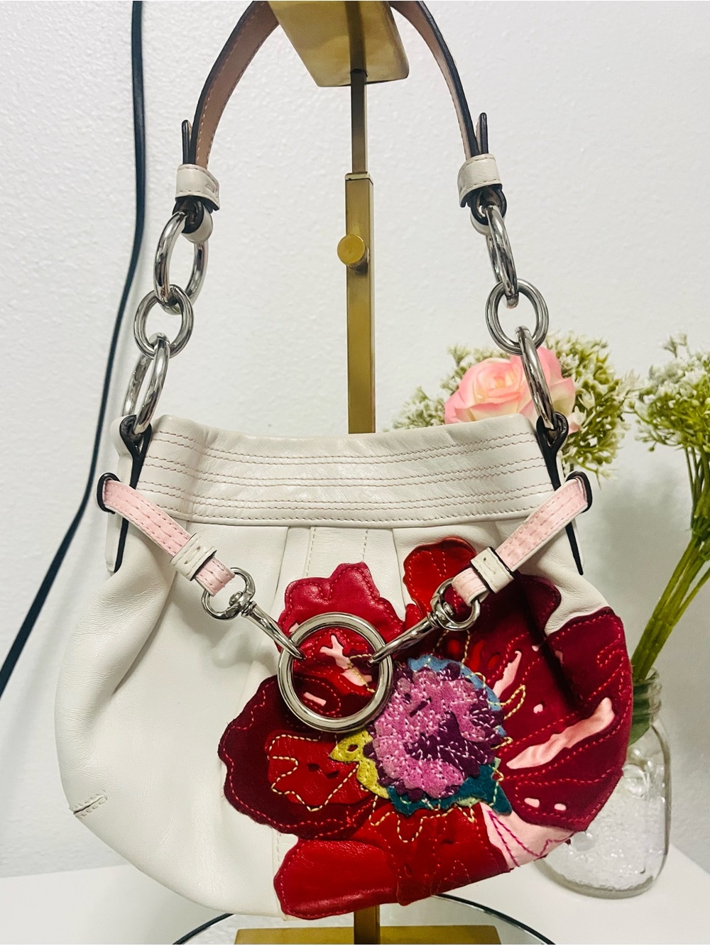 Coach White Shoulder Bag with Red and Pink Floral Appliqué